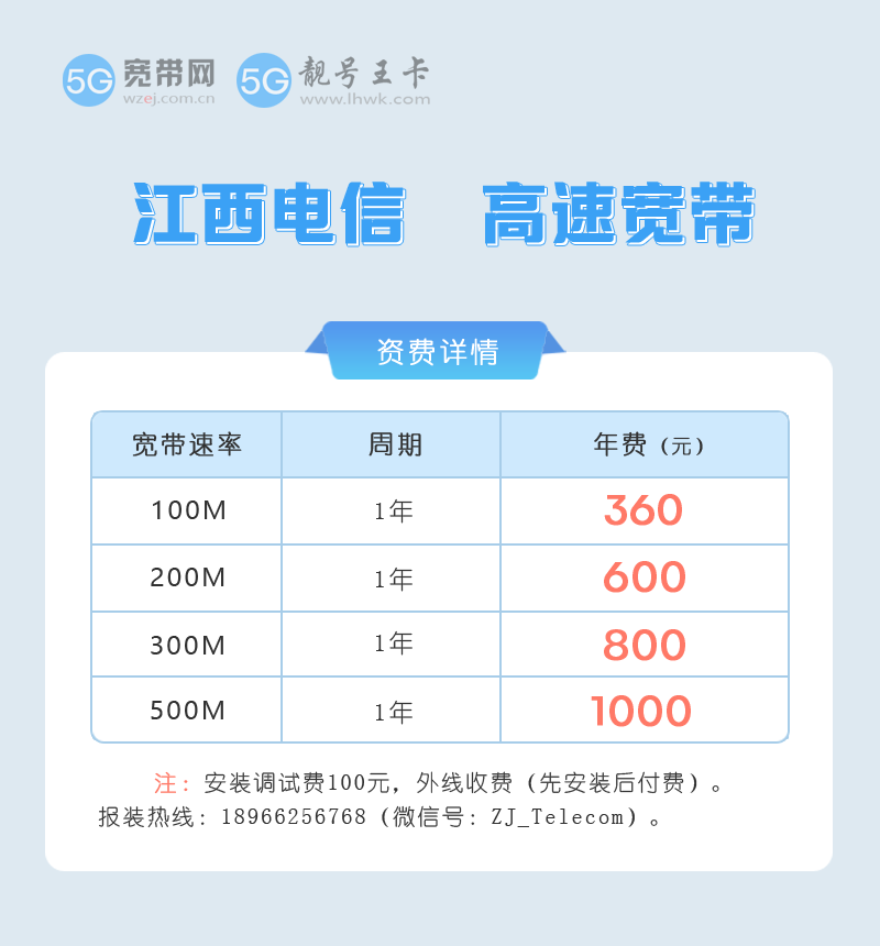 江西电信宽带套餐价格表2026年，推荐办理100M包1年仅需360元